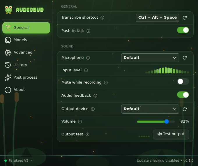 AudioBud general settings in dark mode with shortcut, sound, microphone, and audio feedback controls.