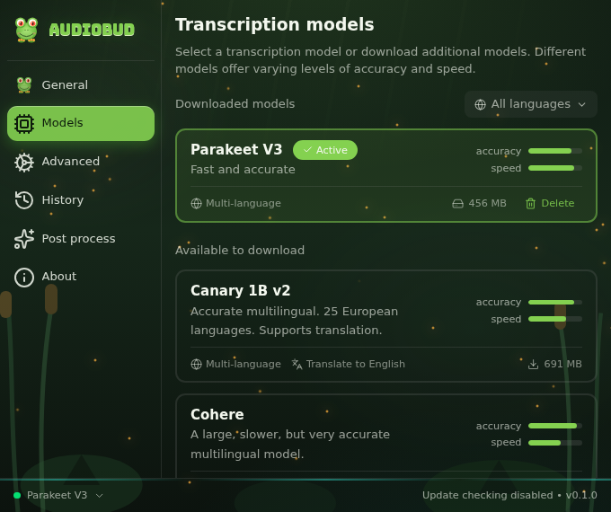 AudioBud model settings in dark mode with Parakeet V3 active and other engines available to download.